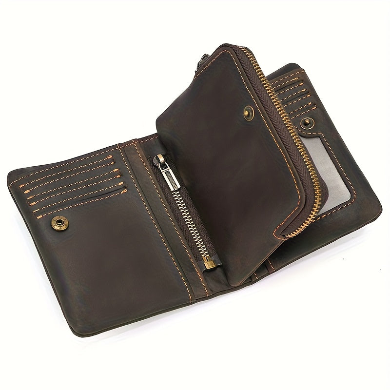 Men's Crazy Horse Leather Wallet, Three-Sided Zipper Image