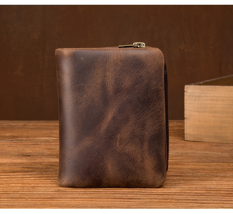 Men's Crazy Horse Leather Wallet, Three-Sided Zipper