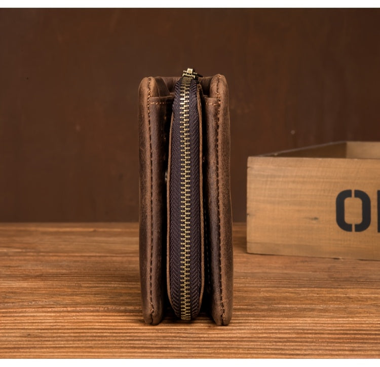 Men's Crazy Horse Leather Wallet, Three-Sided Zipper