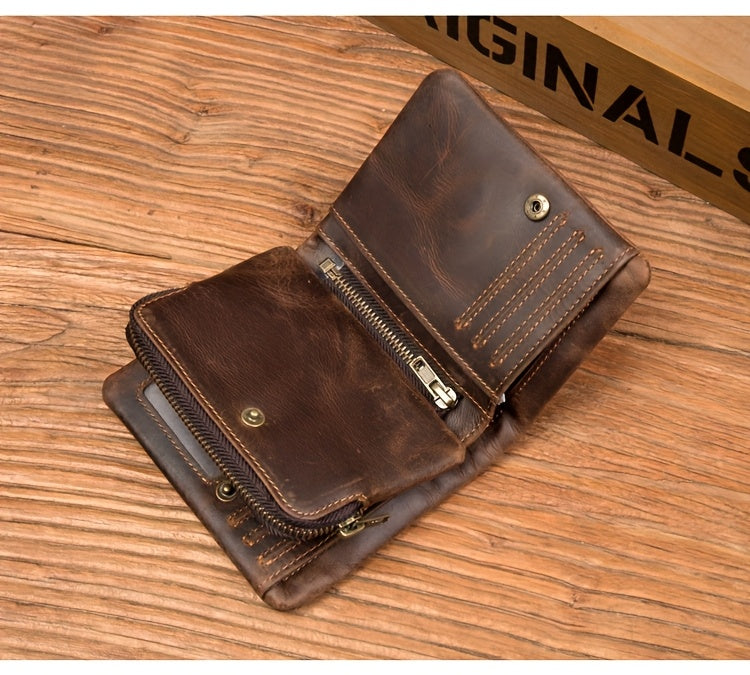 Men's Crazy Horse Leather Wallet, Three-Sided Zipper