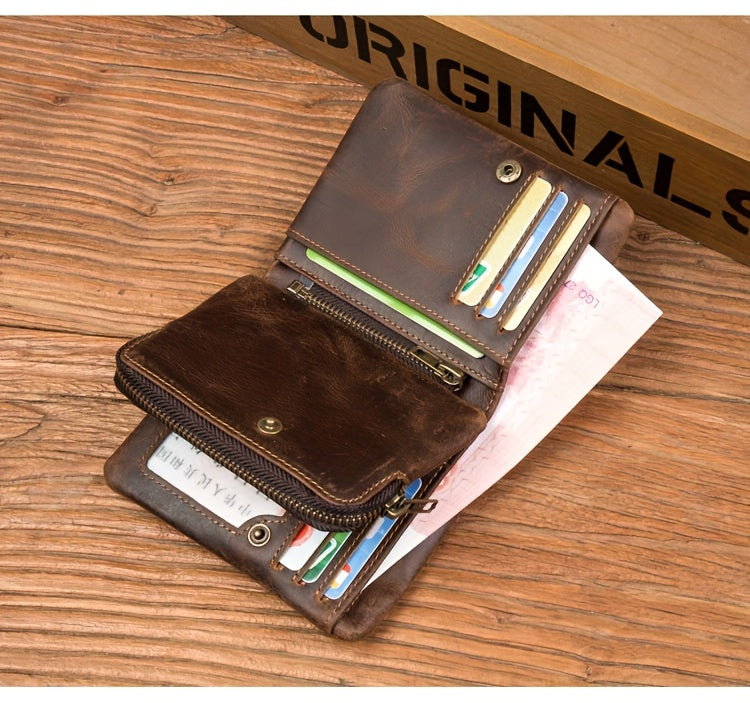 Men's Crazy Horse Leather Wallet, Three-Sided Zipper