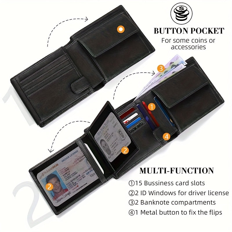 Men's Leather Wallet with 15 Card Slots and Coin Pocket