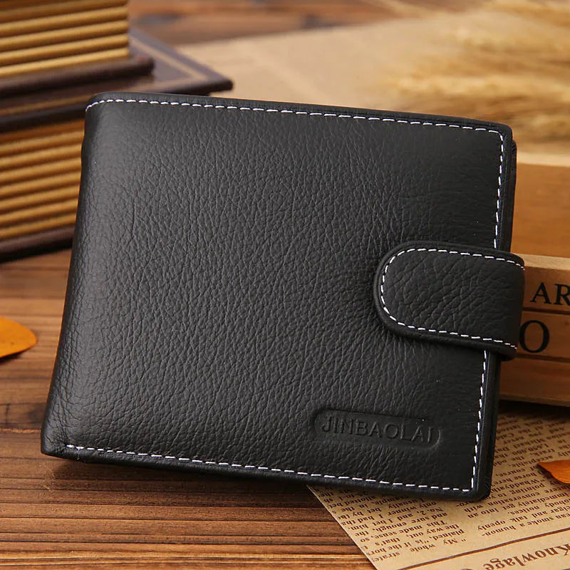 Compact Genuine Leather Men's Wallet with Snap Button and Zippered Compartment