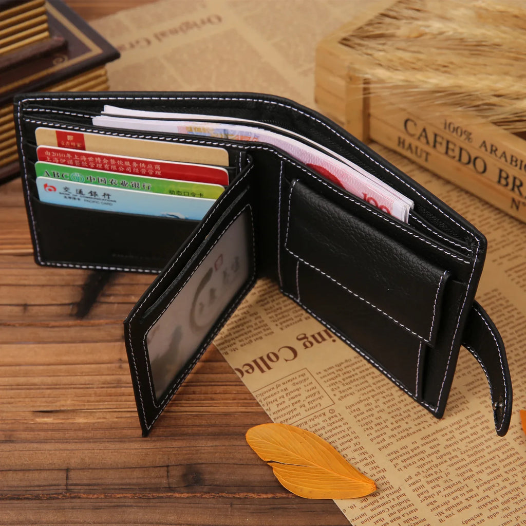 Compact Genuine Leather Men's Wallet with Snap Button and Zippered Compartment