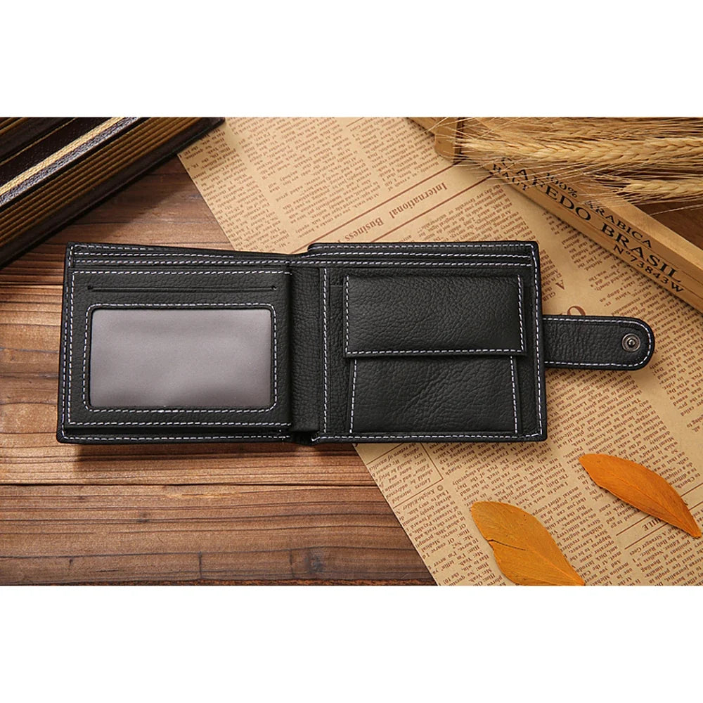 Compact Genuine Leather Men's Wallet with Snap Button and Zippered Compartment