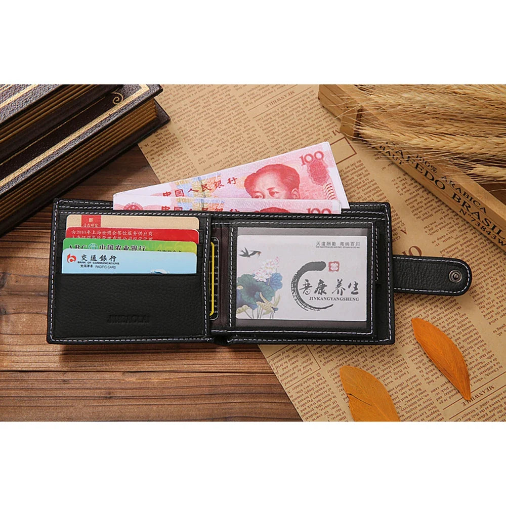 Compact Genuine Leather Men's Wallet with Snap Button and Zippered Compartment