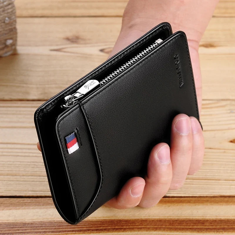 Compact Genuine Leather Men's Wallet with Zipper, Card Holder, and Coin Purse