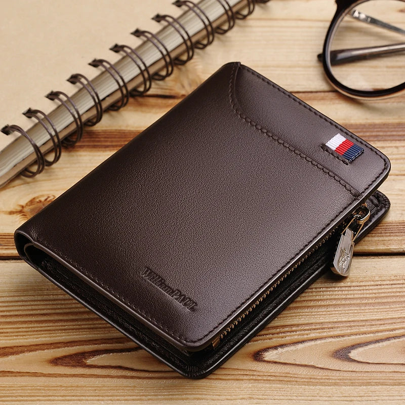 Compact Genuine Leather Men's Wallet with Zipper, Card Holder, and Coin Purse