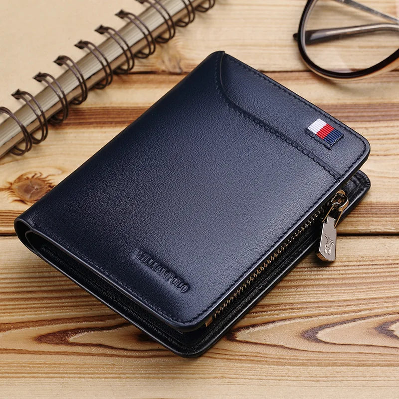 Compact Genuine Leather Men's Wallet with Zipper, Card Holder, and Coin Purse