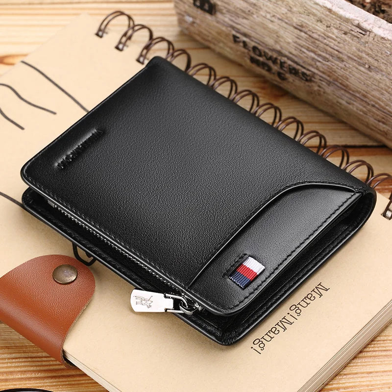 Compact Genuine Leather Men's Wallet with Zipper, Card Holder, and Coin Purse
