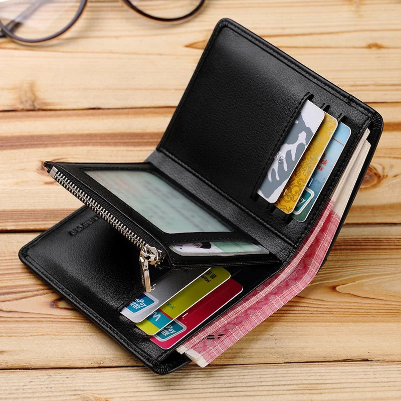 Compact Genuine Leather Men's Wallet with Zipper, Card Holder, and Coin Purse