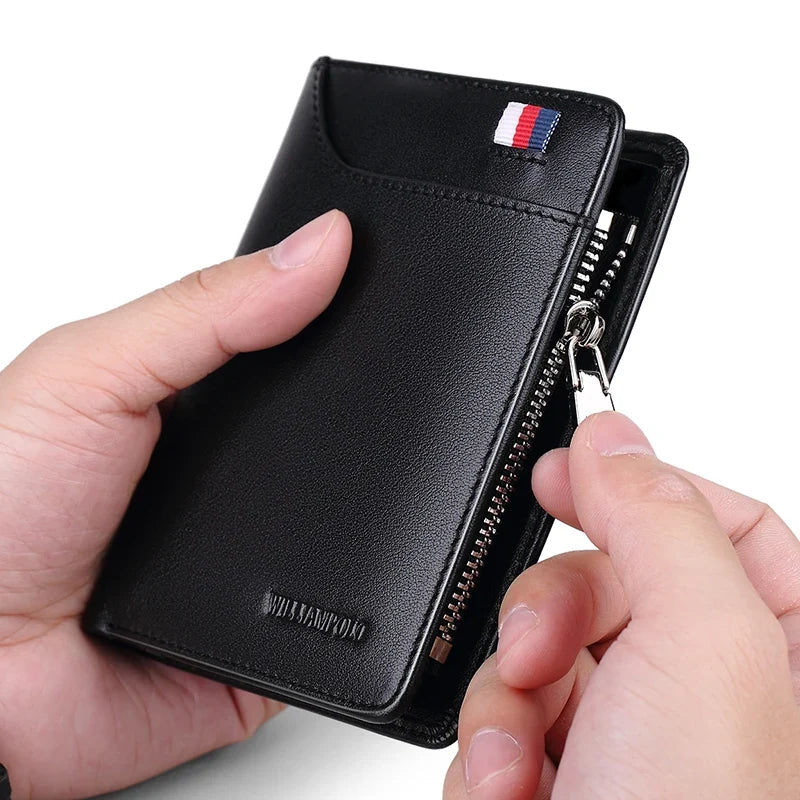 Compact Genuine Leather Men's Wallet with Zipper, Card Holder, and Coin Purse