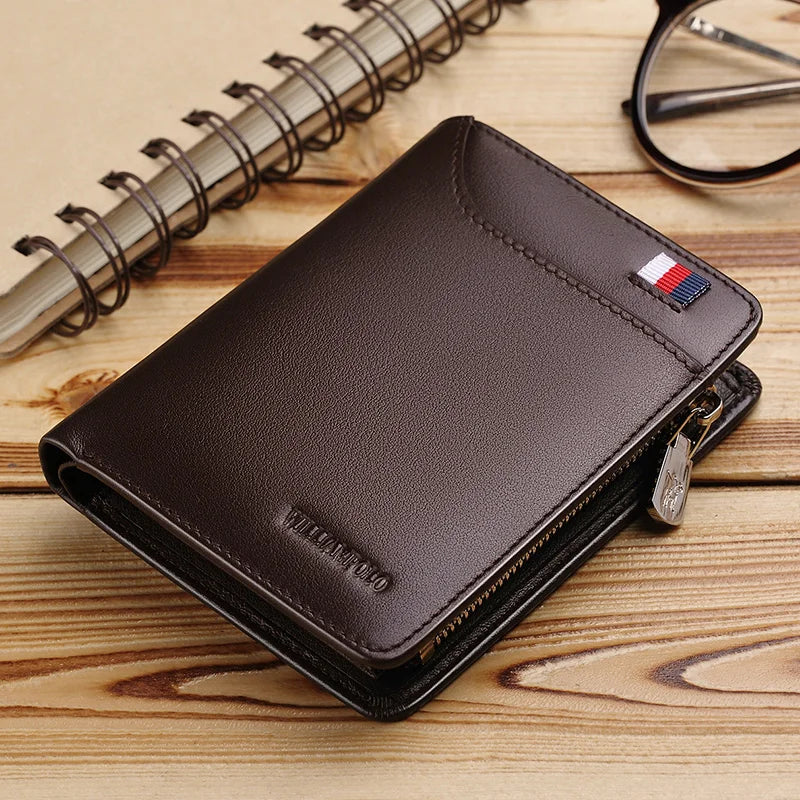 Compact Genuine Leather Men's Wallet with Zipper, Card Holder, and Coin Purse