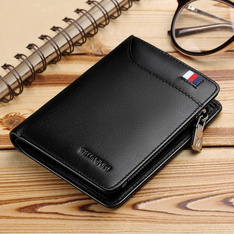 Compact Genuine Leather Men's Wallet with Zipper, Card Holder, and Coin Purse