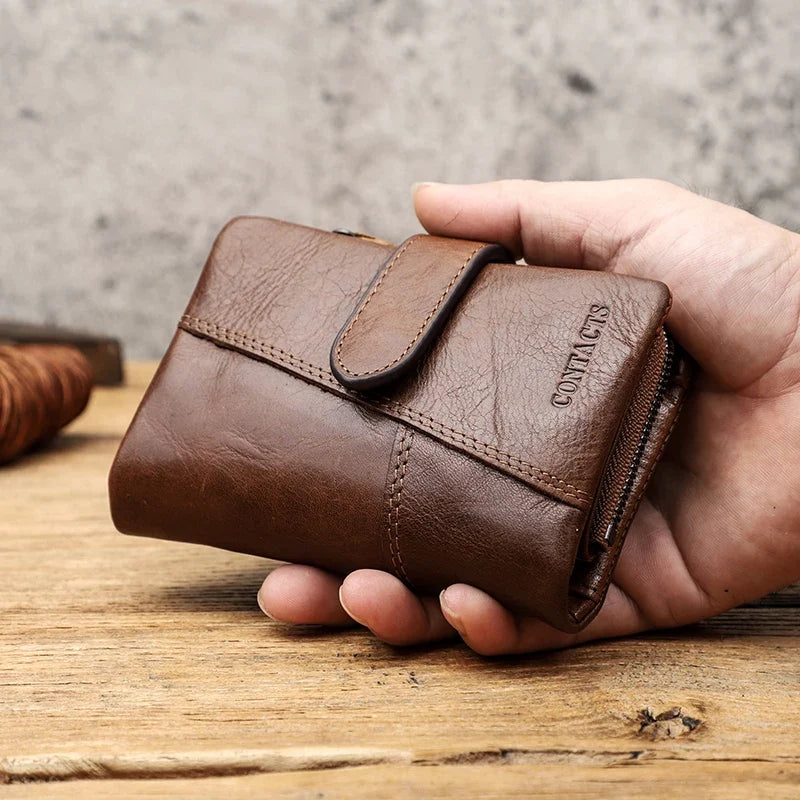 Compact Genuine Leather Bifold Wallet with Zipper and Coin Pocket
