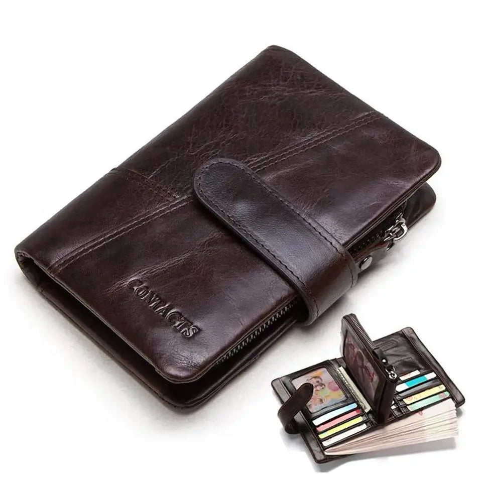 Compact Genuine Leather Bifold Wallet with Zipper and Coin Pocket