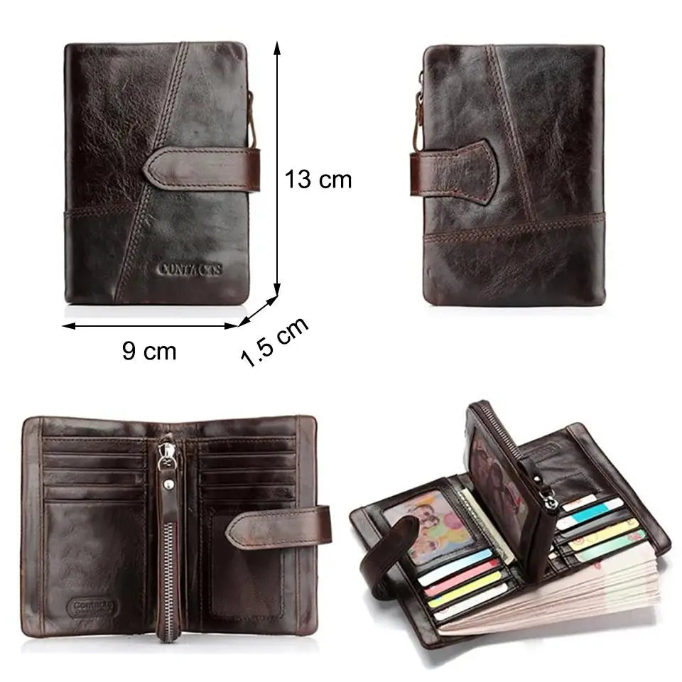 Compact Genuine Leather Bifold Wallet with Zipper and Coin Pocket Image