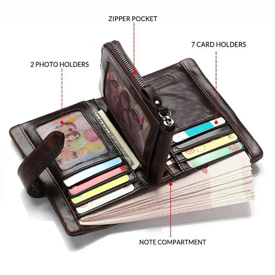 Compact Genuine Leather Bifold Wallet with Zipper and Coin Pocket