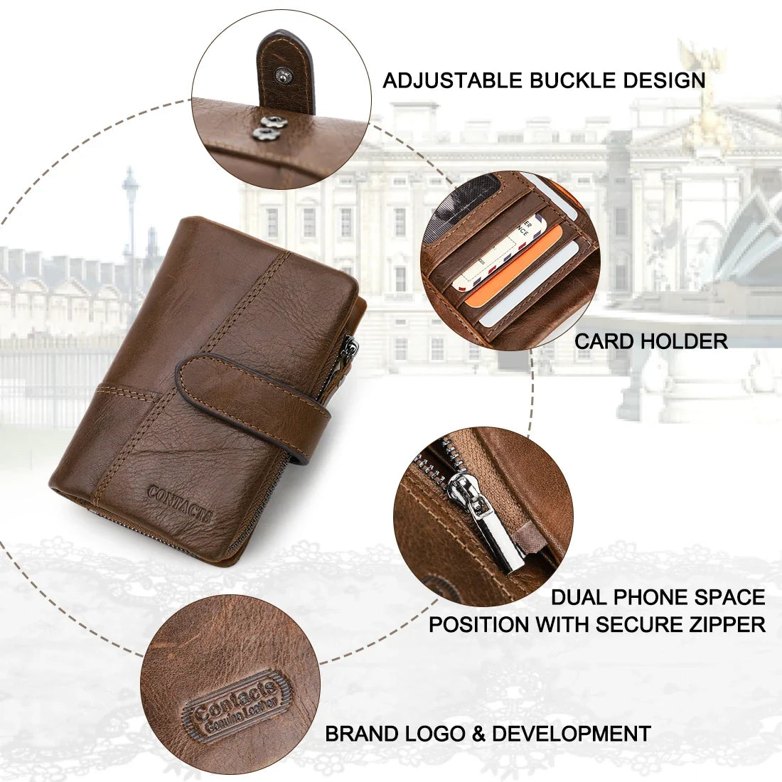 Compact Genuine Leather Bifold Wallet with Zipper and Coin Pocket