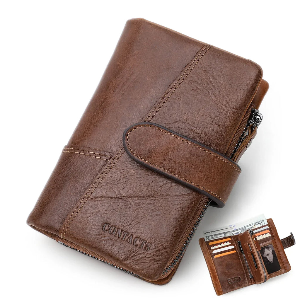 Compact Genuine Leather Bifold Wallet with Zipper and Coin Pocket