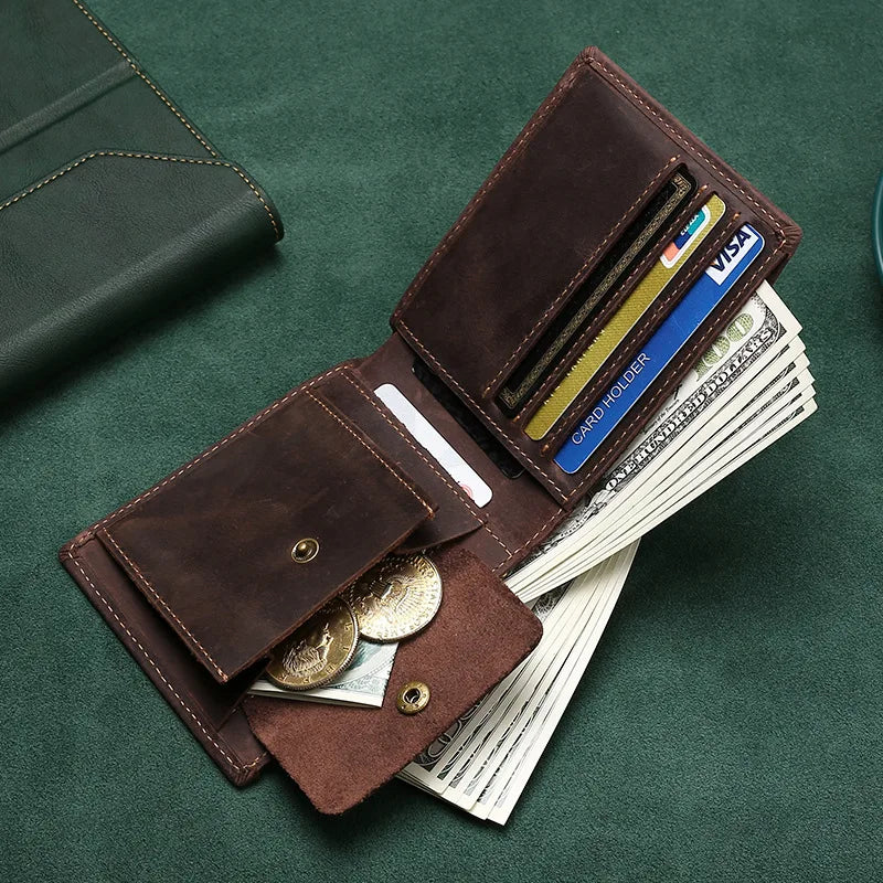 Men's Genuine Crazy Horse Leather Bifold Wallet with RFID and Compact Coin Pocket