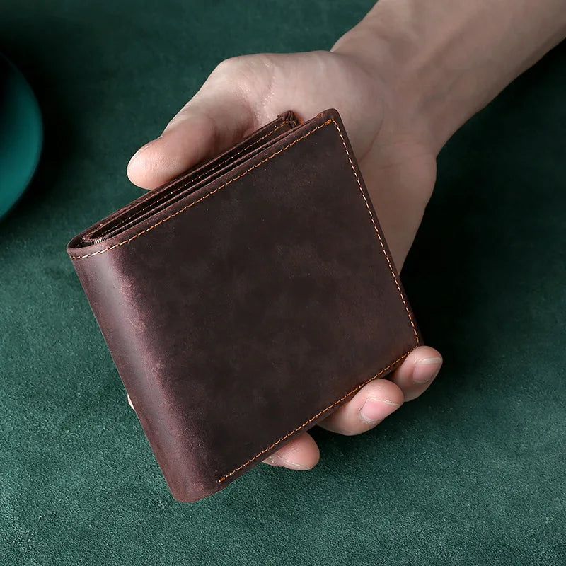 Men's Genuine Crazy Horse Leather Bifold Wallet with RFID and Compact Coin Pocket
