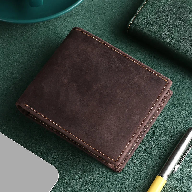 Men's Genuine Crazy Horse Leather Bifold Wallet with RFID and Compact Coin Pocket
