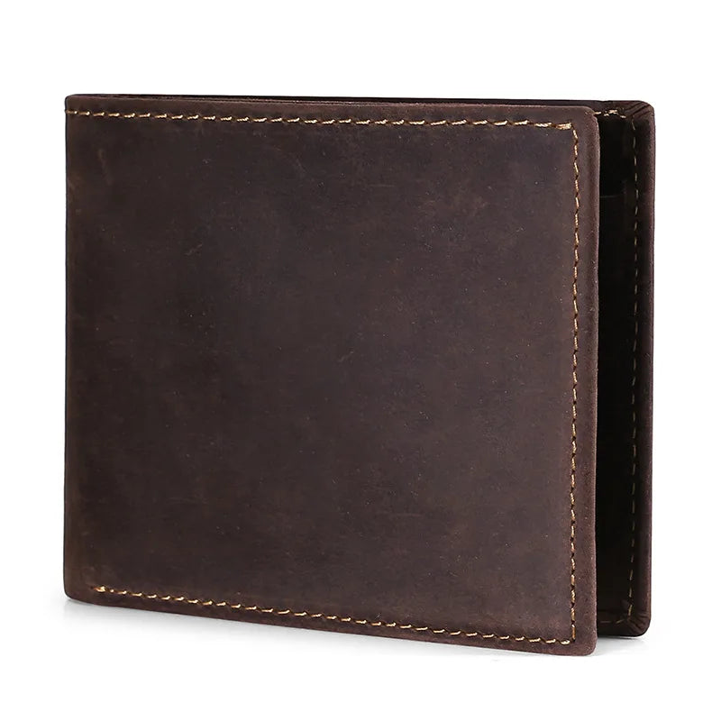 Men's Genuine Crazy Horse Leather Bifold Wallet with RFID and Compact Coin Pocket