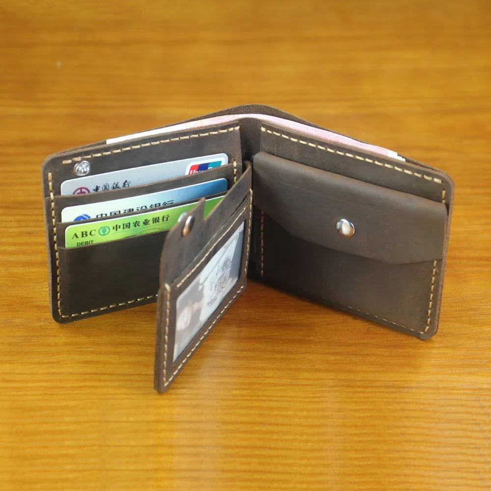 Men's Genuine Crazy Horse Leather Compact Bifold Wallet with Coin Pocket