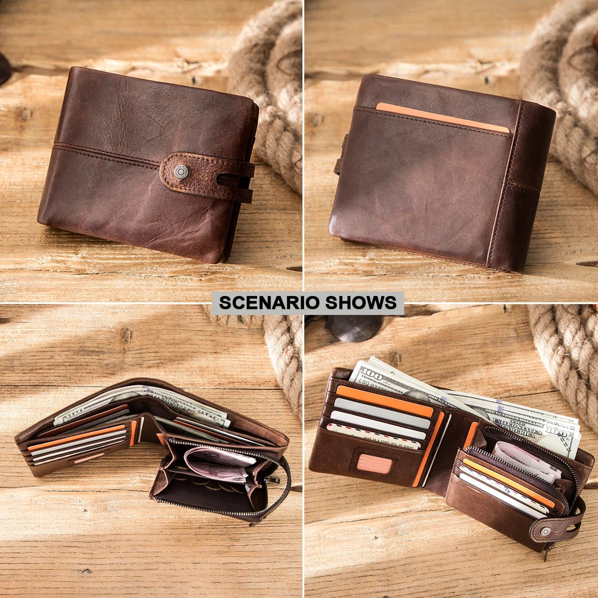 Men's Genuine Crazy Horse Leather RFID Wallet with Zip and Snap Button