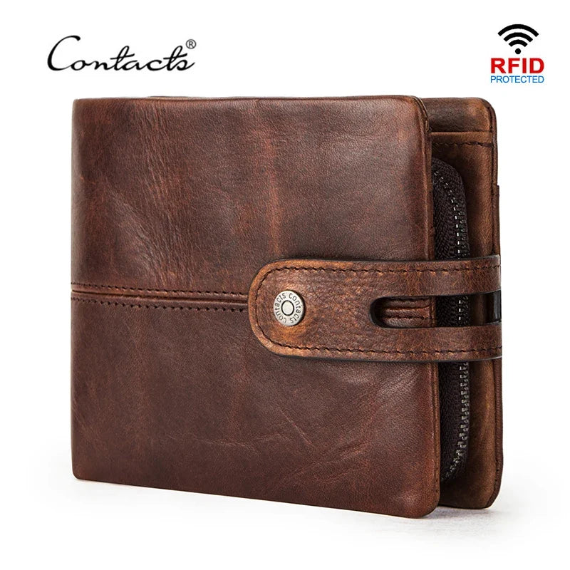 Men's Genuine Crazy Horse Leather RFID Wallet with Zip and Snap Button
