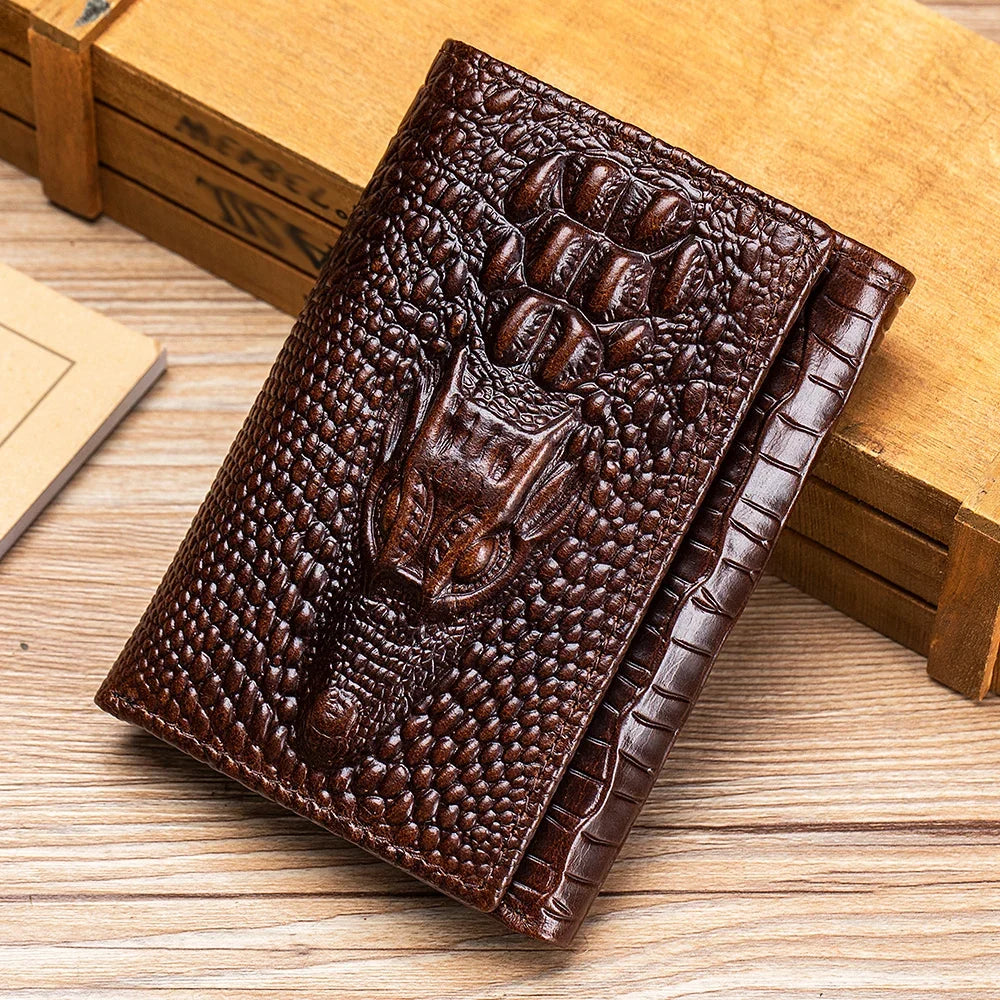 Men's Genuine Leather Crocodile Pattern Compact Multi-Card Wallet with Flap