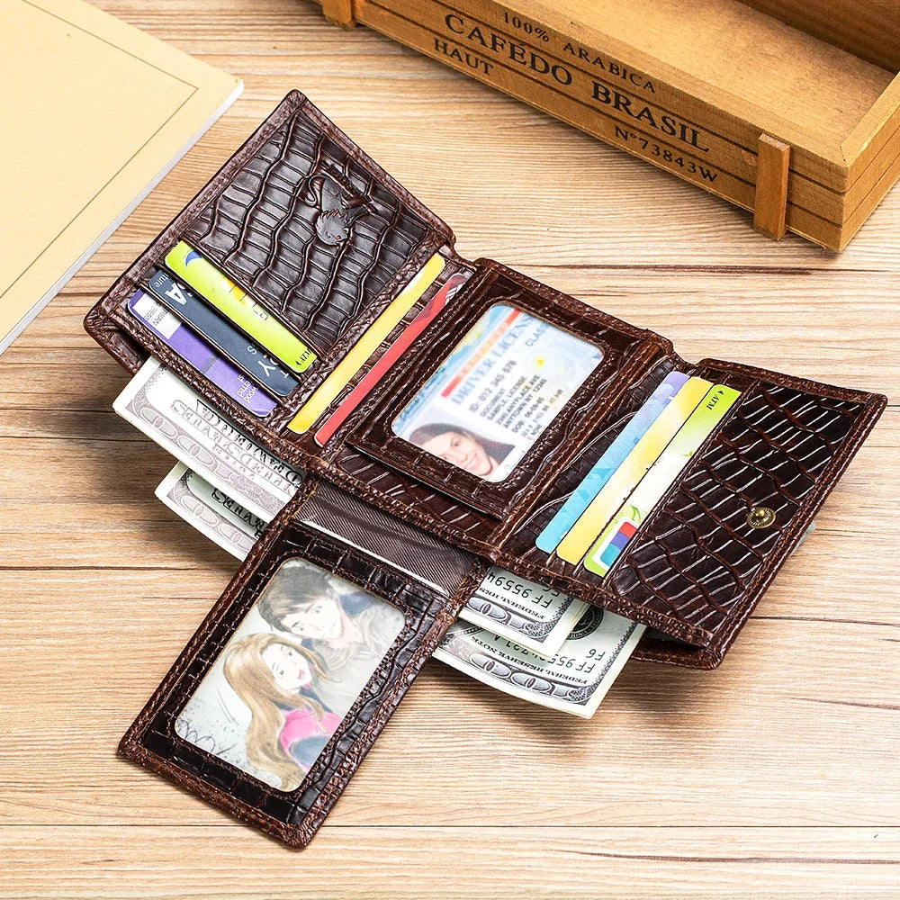 Men's Genuine Leather Crocodile Pattern Compact Multi-Card Wallet with Flap Image