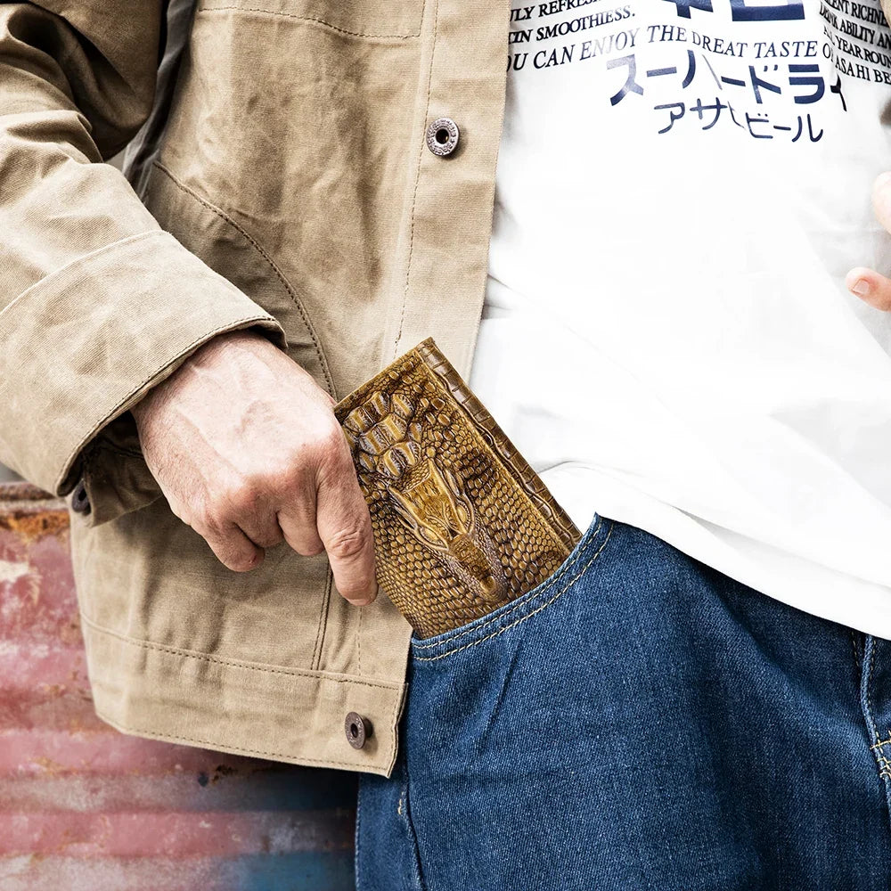 Men's Genuine Leather Crocodile Pattern Compact Multi-Card Wallet with Flap