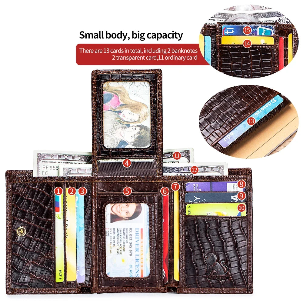 Men's Genuine Leather Crocodile Pattern Compact Multi-Card Wallet with Flap