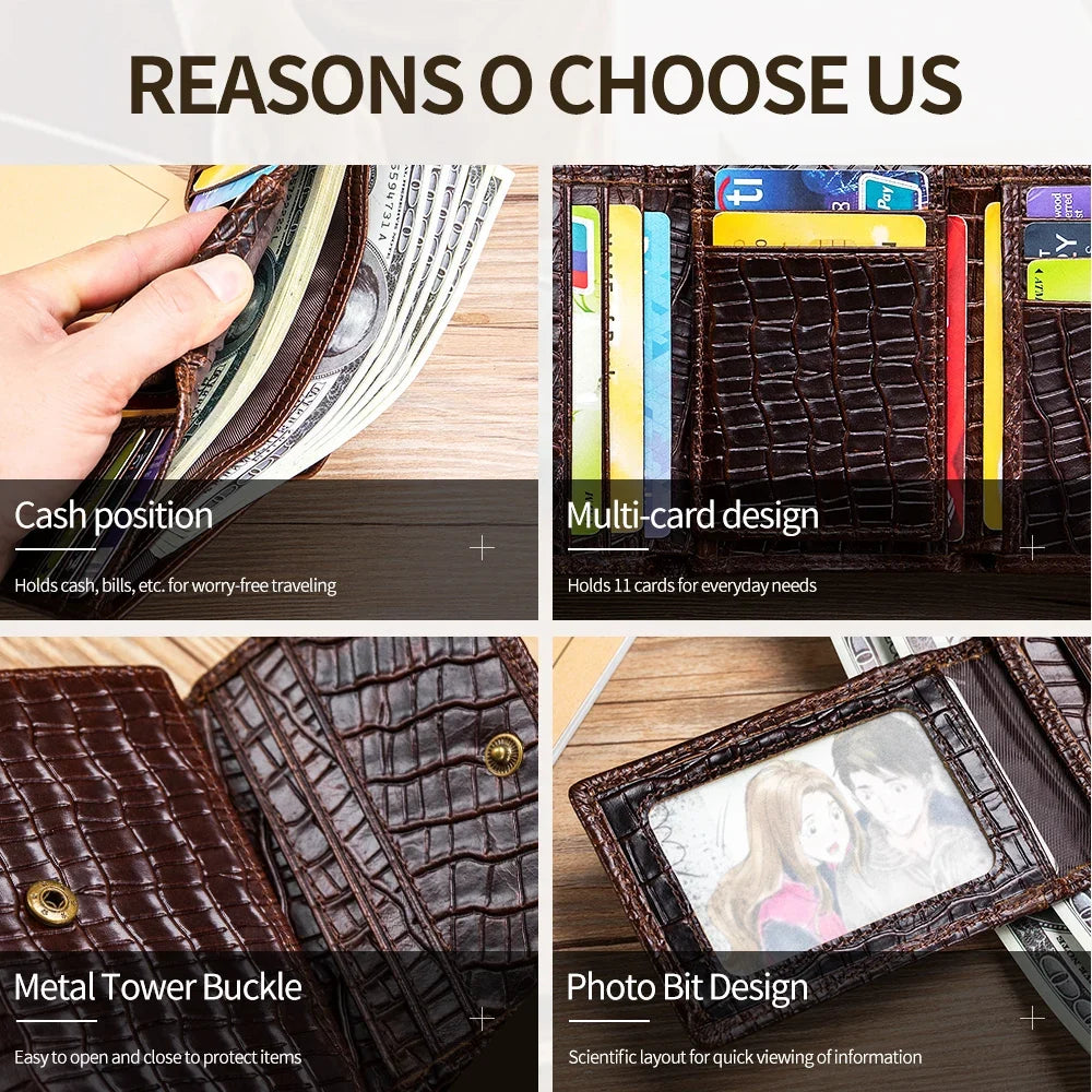 Men's Genuine Leather Crocodile Pattern Compact Multi-Card Wallet with Flap