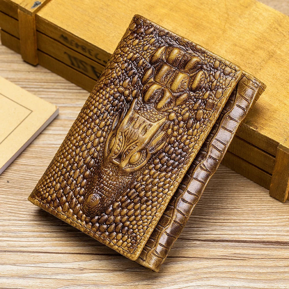 Men's Genuine Leather Crocodile Pattern Compact Multi-Card Wallet with Flap