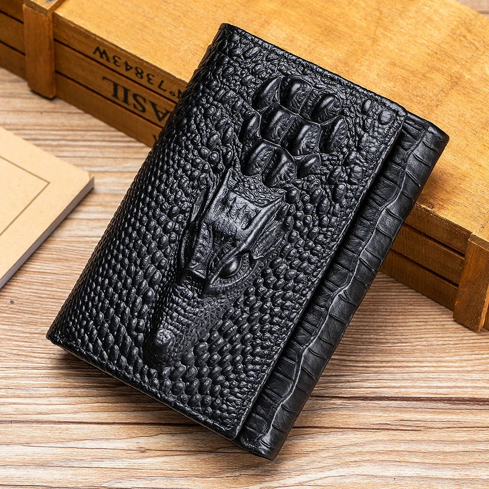 Men's Genuine Leather Crocodile Pattern Compact Multi-Card Wallet with Flap
