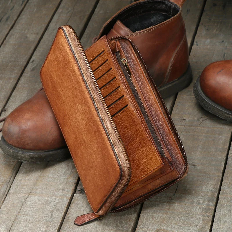 Men's Genuine Leather Long Zipper Wallet Vintage Large Capacity with Wrist Strap