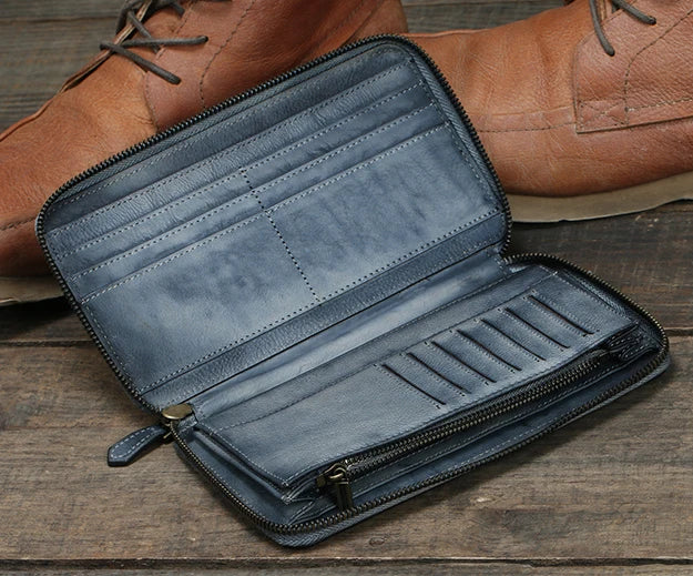 Men's Genuine Leather Long Zipper Wallet Vintage Large Capacity with Wrist Strap