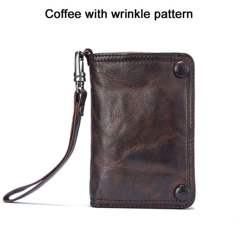 Men's Genuine Leather Long Zipper Wallet Vintage Large Capacity with Wrist Strap