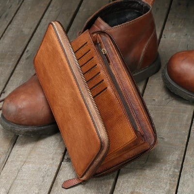 Men's Genuine Leather Long Zipper Wallet Vintage Large Capacity with Wrist Strap