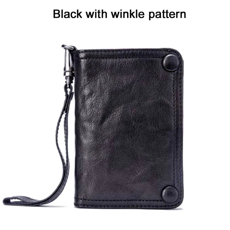 Men's Genuine Leather Long Zipper Wallet Vintage Large Capacity with Wrist Strap