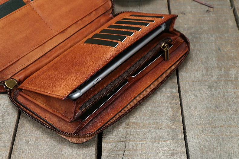 Men's Genuine Leather Long Zipper Wallet Vintage Large Capacity with Wrist Strap
