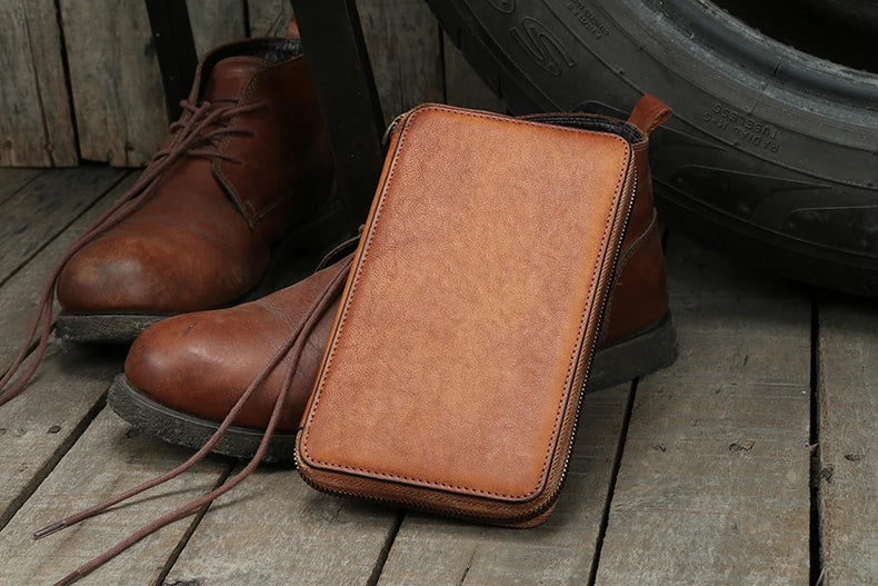 Men's Genuine Leather Long Zipper Wallet Vintage Large Capacity with Wrist Strap