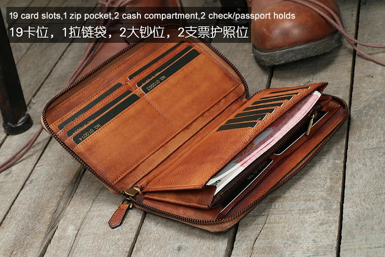 Men's Genuine Leather Long Zipper Wallet Vintage Large Capacity with Wrist Strap