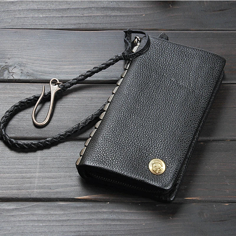 Men's Genuine Leather Long Zipper Wallet Vintage Large Capacity with Wrist Strap
