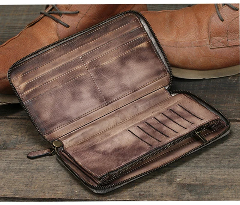 Men's Genuine Leather Long Zipper Wallet Vintage Large Capacity with Wrist Strap