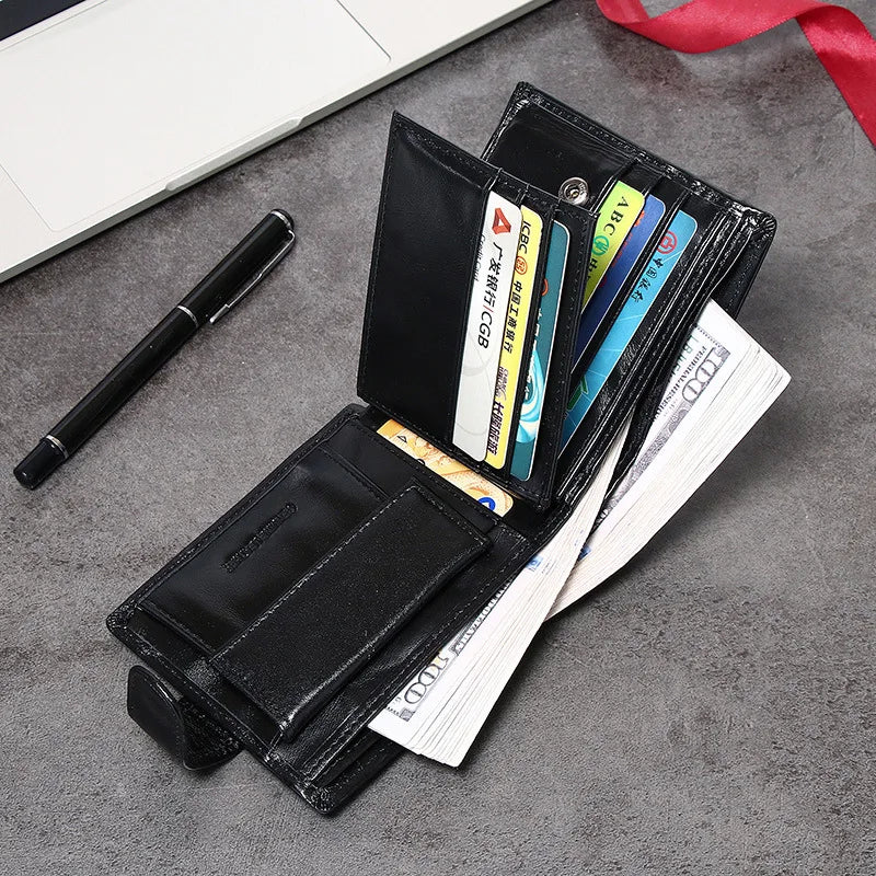 Men's Genuine Leather Black Trifold Wallet with Snap Closure and Card Holder