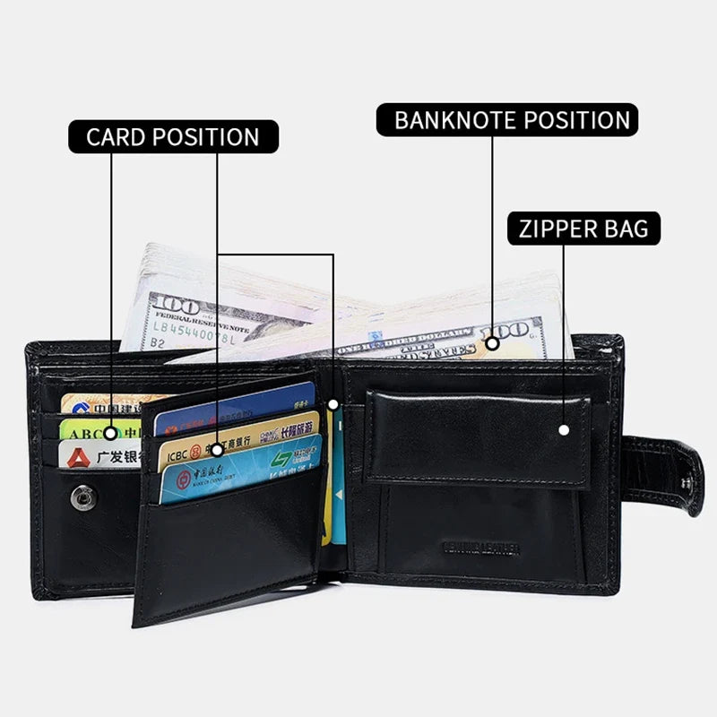 Men's Genuine Leather Black Trifold Wallet with Snap Closure and Card Holder